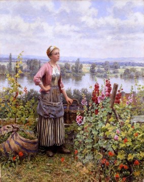  Knight Art Painting - Maria on the Terrace with a Bundle of Grass countrywoman Daniel Ridgway Knight Flowers